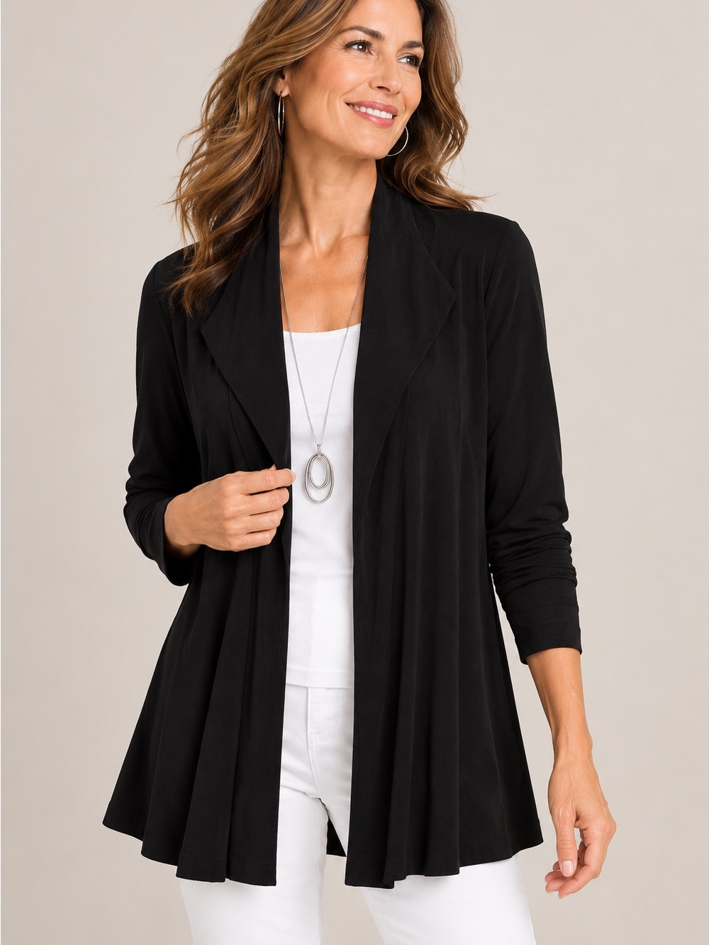 Chico’s Travelers Black Open Front Slinky Cardigan Jacket Size 1